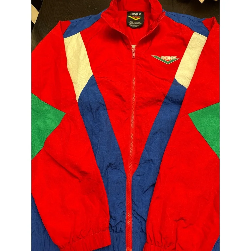 Forever 21 PONY Mens Colorblock Windbreaker Jacket Red Blue‎ White Large